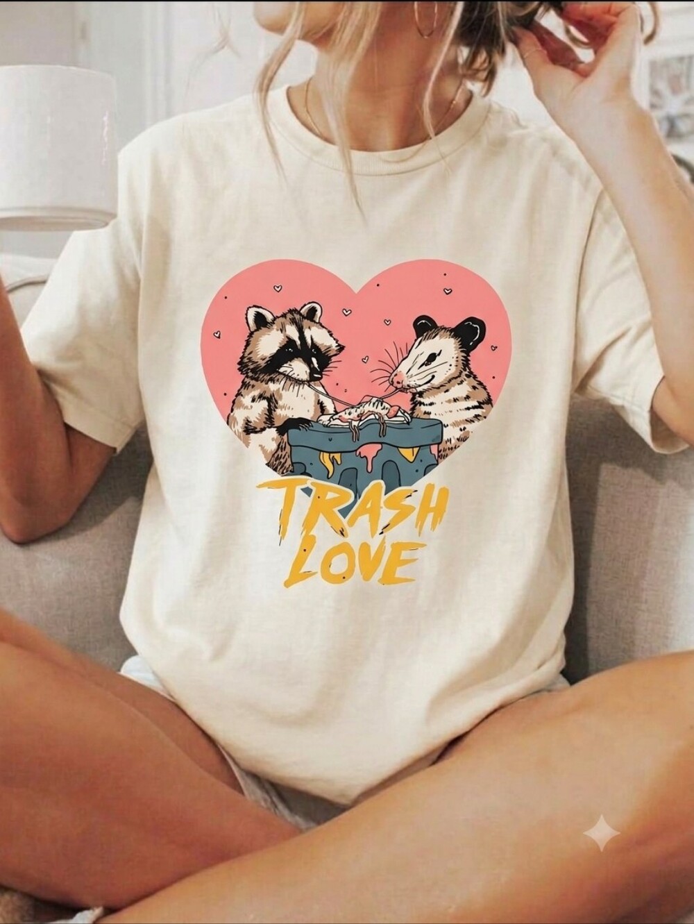 Trash Love T-Shirt - Cream with Pink and Yellow Graphic